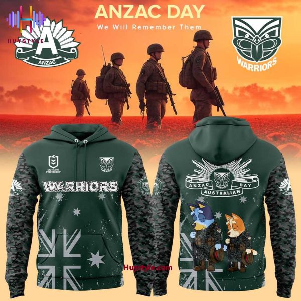 New Zealand Warriors x Bluey & Bingo Anzac Day 2025 We Will Remember Them Special Edition Hoodie