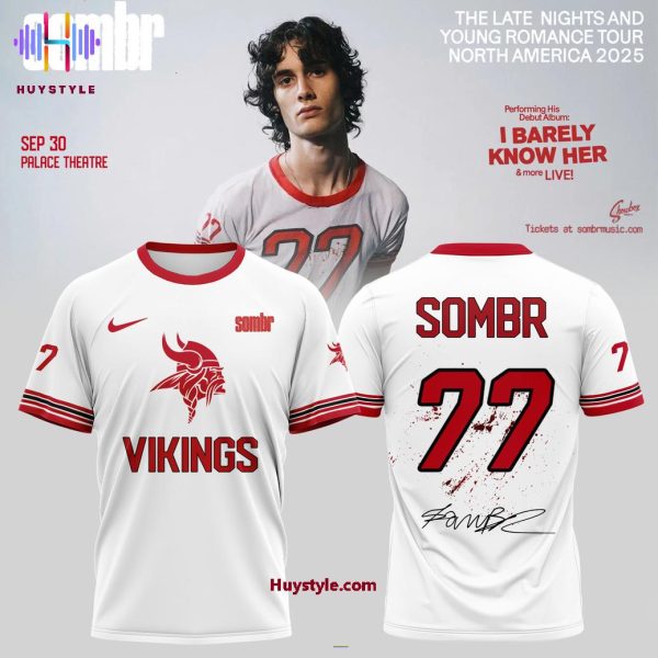 Minnesota Vikings x Sombr 77 The Late Nights And Young Romance Tour 2025 White Edition 3D T-Shirt